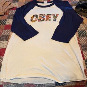 Obey women’s 3/4 Sleeve Tee - Navy and Cream